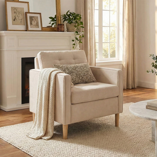 STHOUYN Accent Chair for Living Room w/ Solid Wood Legs, Mid Century Modern Reading Chair for Bedroom, Upholstered Comfy Armchair, Single Sofa Side Chair for Waiting Room, White