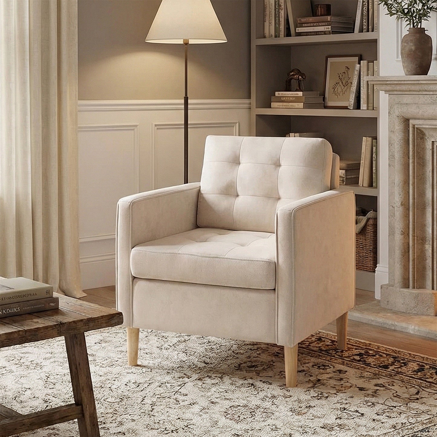 STHOUYN Accent Chair for Living Room w/ Solid Wood Legs, Mid Century Modern Reading Chair for Bedroom, Upholstered Comfy Armchair, Single Sofa Side Chair for Waiting Room, White