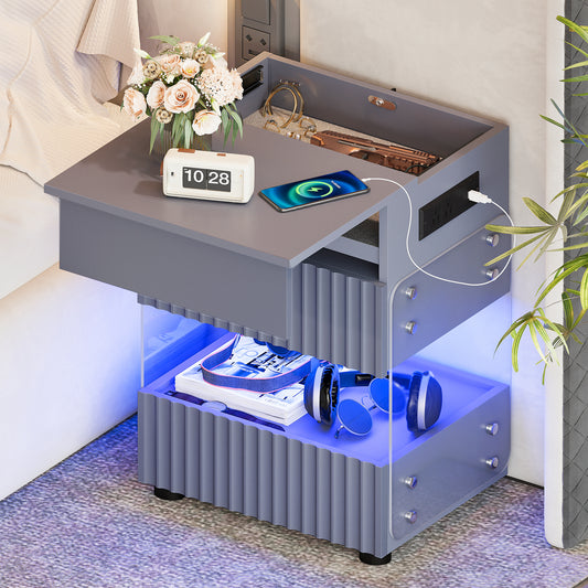 STHOUYN Bedroom LED Nightstand with Gun Drawers, Grey Modern Night Stand with USB & Type-C Charging Station, Smart Nightstand Noght Stand, Bedside Table Gun Safe Side End Tables Office (1, Grey)