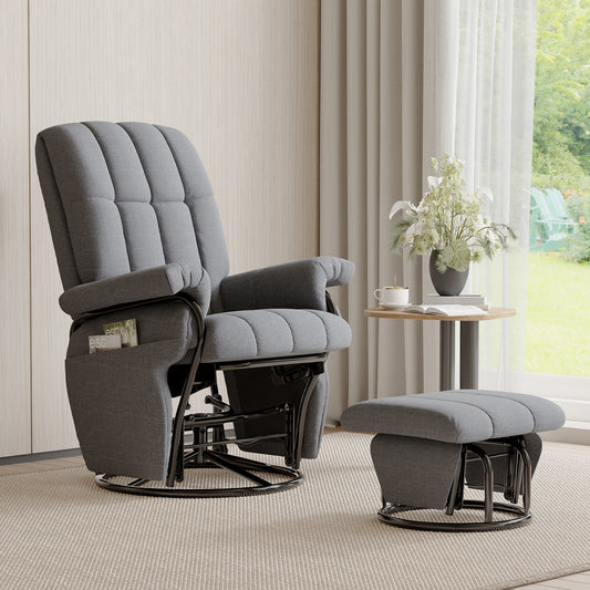 JIASTING 360° Swivel Recliner Chair with Ottoman & Double Side Pockets, Nursing Glider Rocking Recliner Chair, Gliding Chairs for Nursery, Living Room, Office, Bedroom, Metal Frame (Grey)