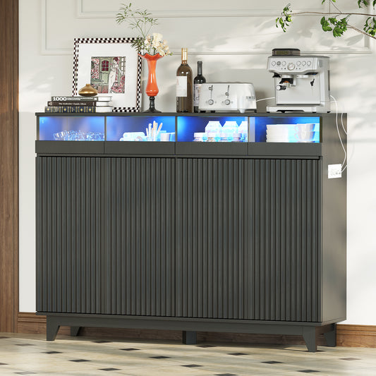 STHOUYN 55" Sideboard Buffet Cabinet with Charging Station LED Lights, Side Board Credenza Storage Cabinet, Modren Kitchen Buffet Table with Drawers, Wood Dining Room Sideboards (Black)