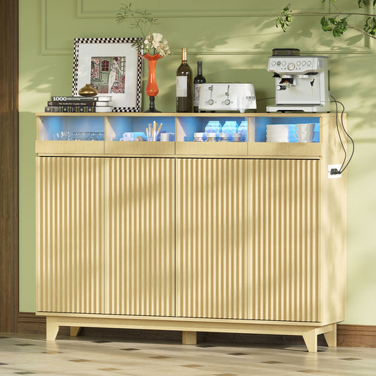 STHOUYN Sideboard Buffet Cabinet with Charging Station LED Lights, Side Board Credenza Storage Cabinet, Modren Kitchen Buffet Table with Drawers, Wood Dining Room Sideboards (Natural Oak)