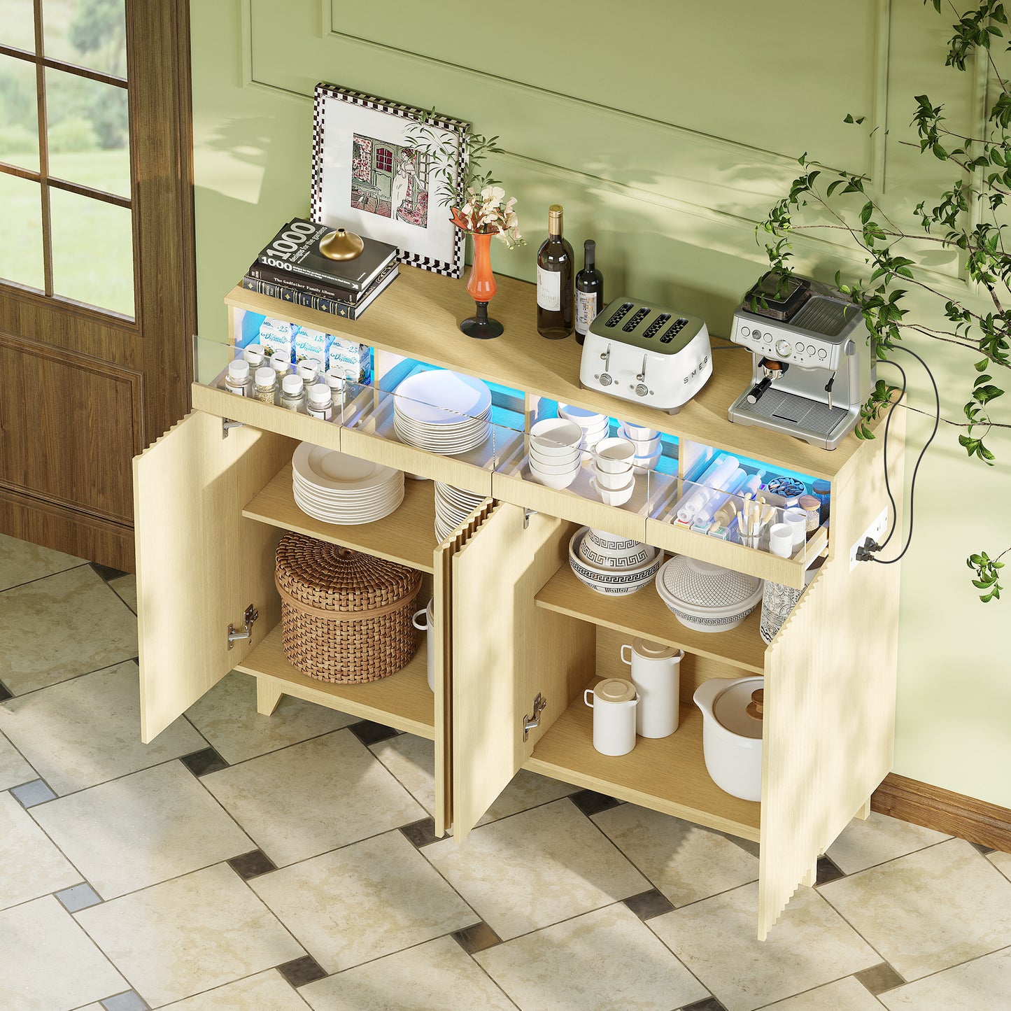 STHOUYN Sideboard Buffet Cabinet with Charging Station LED Lights, Side Board Credenza Storage Cabinet, Modren Kitchen Buffet Table with Drawers, Wood Dining Room Sideboards (Natural Oak)