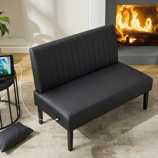 STHOUYN 43" W Mini Black Leather Couch Armless Loveseat Sofa for Bedroom With USB Port, Small Couches for Living Room, Apartment Office Dorm (Black)