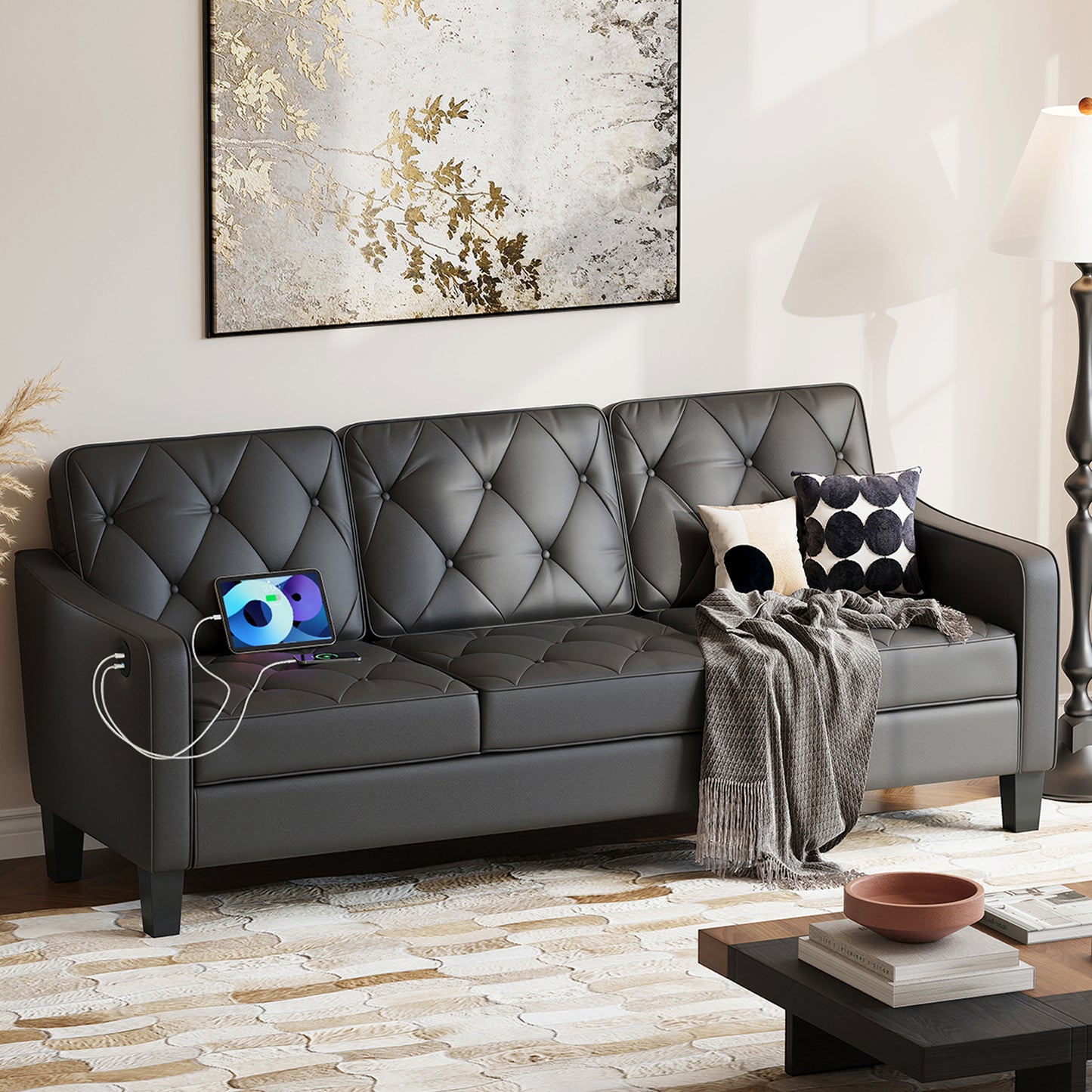 STHOUYN 83” Black Faux Leather Sofas & Couches, Small 3-Seater Sofa for Living Room, Apartment Size Couch, Comfy Mini Couch Living Space Couch Tufted Design, Office, or Waiting Area (Black)