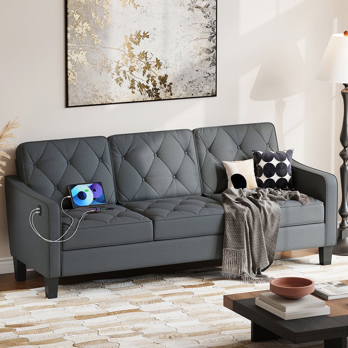 STHOUYN 83” Grey Sofas & Couches, Small 3-Seater Sofa for Living Room, Apartment Size Couch, Comfy Mini Couch Living Space Couch Tufted Design, Office, or Waiting Area (Grey)